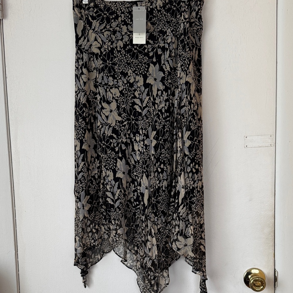 Charter Club Asymmetrical Silk Midi Skirt in Black, Cream & Blue Floral Design.